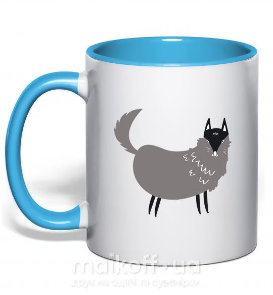 Чашка з кольоровою ручкою Смешной волк Блакитний фото