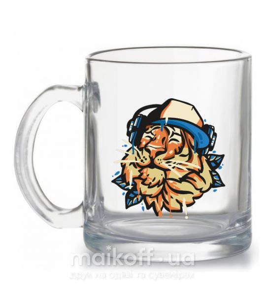 Чашка стеклянная Тигр с наушниками Прозрачный фото