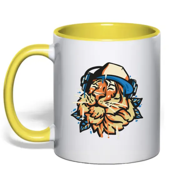 Чашка с цветной ручкой Тигр з навушниками Солнечно желтый фото