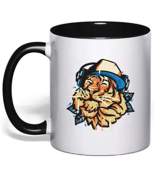 Чашка с цветной ручкой Тигр з навушниками Черный фото