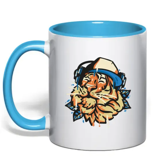 Чашка с цветной ручкой Тигр з навушниками Голубой фото