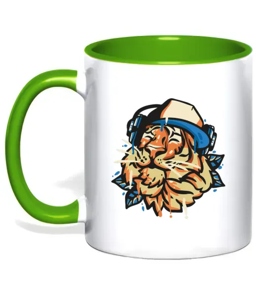 Чашка с цветной ручкой Тигр з навушниками Зеленый фото