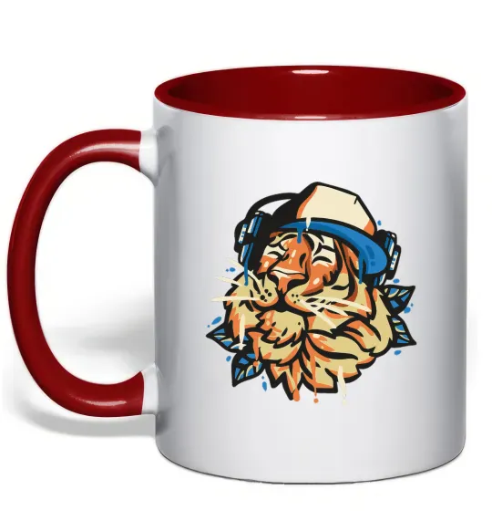 Чашка с цветной ручкой Тигр з навушниками Красный фото