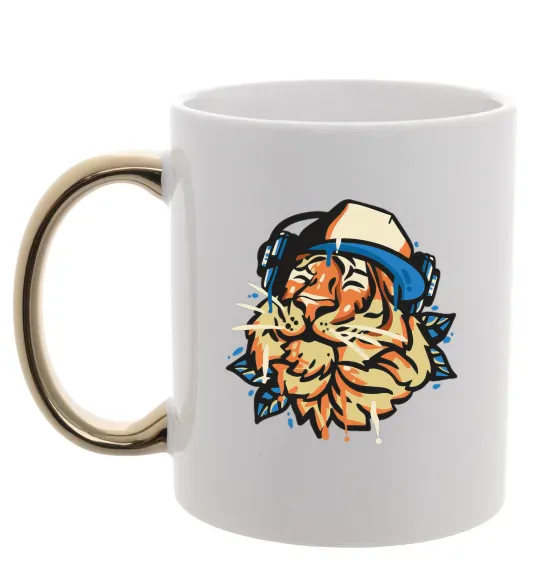 Чашка с цветной ручкой Тигр з навушниками Золото фото