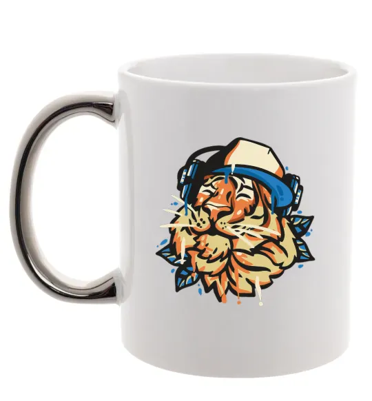 Чашка с цветной ручкой Тигр з навушниками Серебро фото