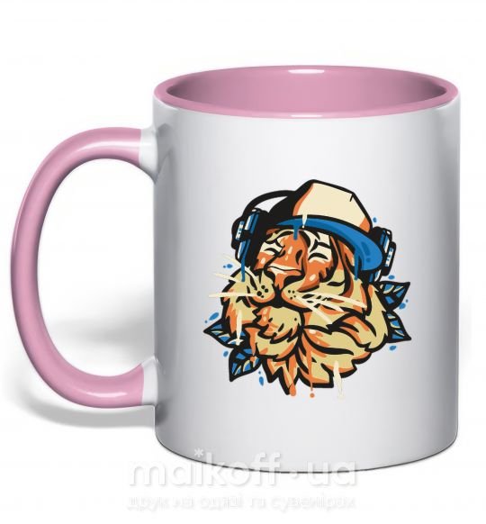 Чашка с цветной ручкой Тигр с наушниками Нежно розовый фото