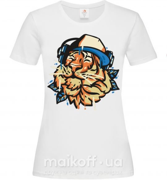 Женская футболка Тигр с наушниками Белый фото