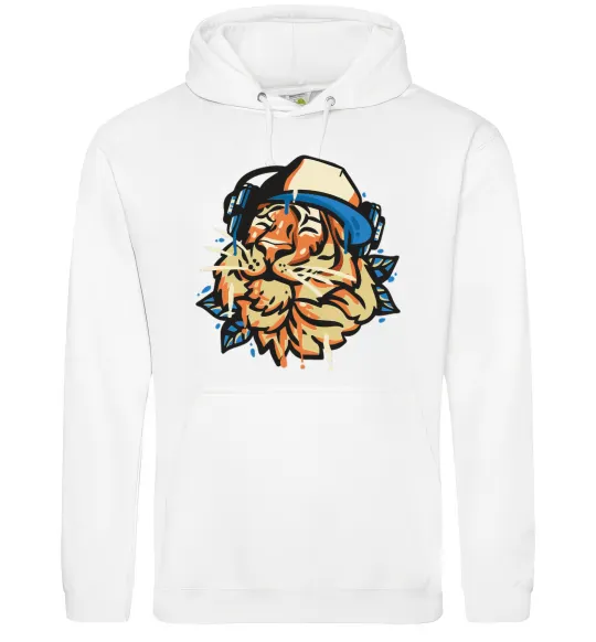 Мужская толстовка (худи) Тигр з навушниками Белый фото