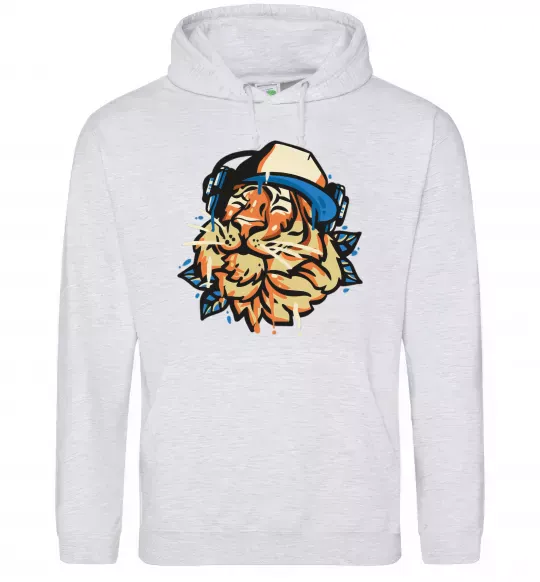 Жіноча толстовка (худі) Тигр з навушниками Сірий меланж фото