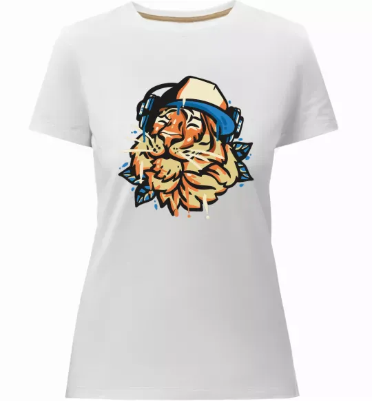 Женская премиум футболка Тигр з навушниками Белый фото