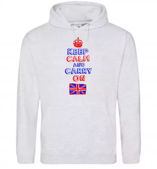 Мужская толстовка (худи) Keep calm and carry on England Серый меланж фото