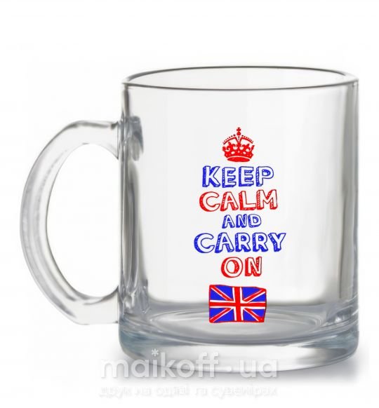 Чашка стеклянная Keep calm and carry on England Прозрачный фото