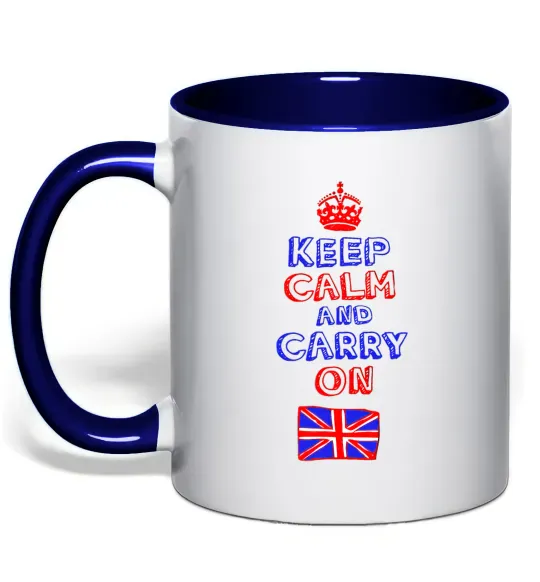 Чашка с цветной ручкой Keep calm and carry on England Глубокий темно-синий фото