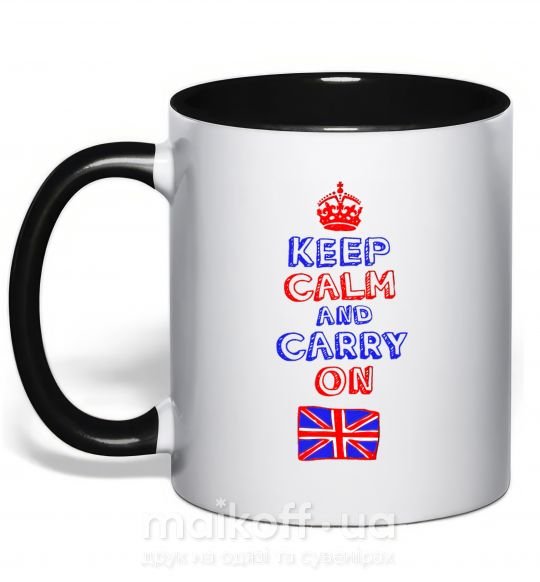 Чашка с цветной ручкой Keep calm and carry on England Черный фото