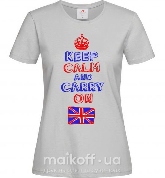 Женская футболка Keep calm and carry on England Серый фото
