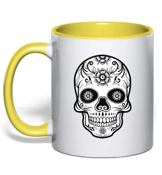 Чашка з кольоровою ручкою Череп чб Сонячно жовтий фото