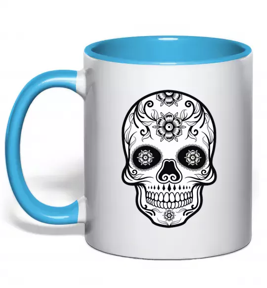 Чашка з кольоровою ручкою Череп чб Блакитний фото