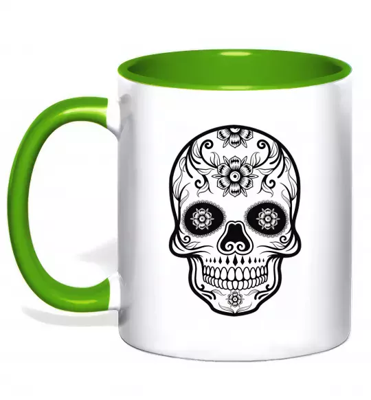 Чашка з кольоровою ручкою Череп чб Зелений фото