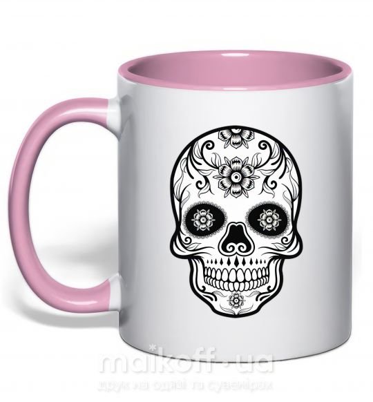 Чашка с цветной ручкой Череп чб Нежно розовый фото