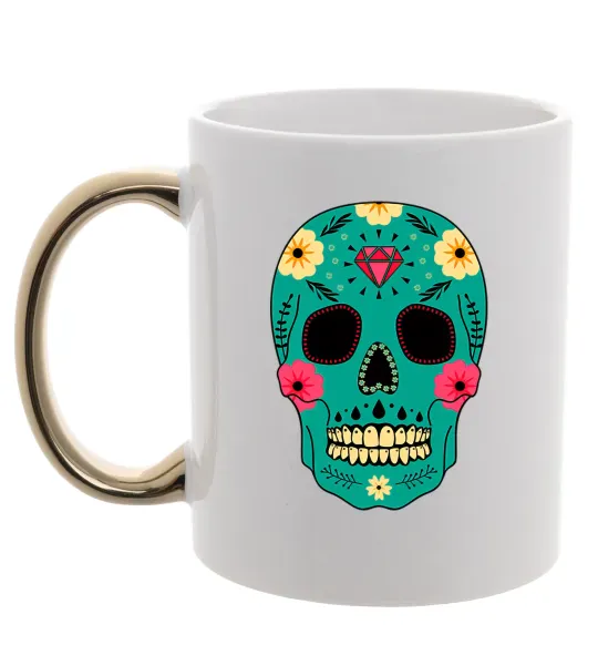 Чашка с цветной ручкой Череп бирюзовый Золото фото