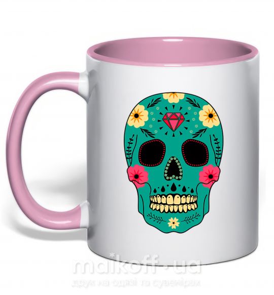 Чашка з кольоровою ручкою Череп бирюзовый Ніжно рожевий фото