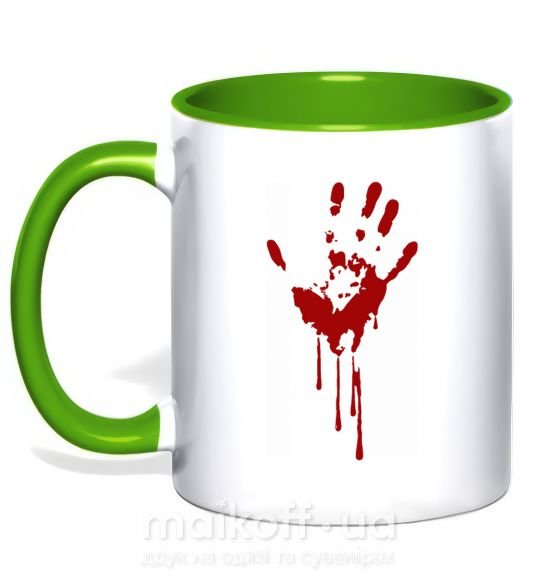 Чашка з кольоровою ручкою Кровавая ладошка Зелений фото
