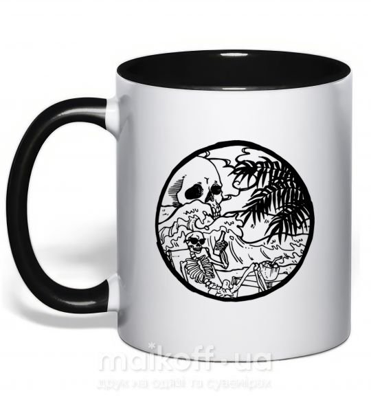 Чашка с цветной ручкой Скелет пляжник Черный фото
