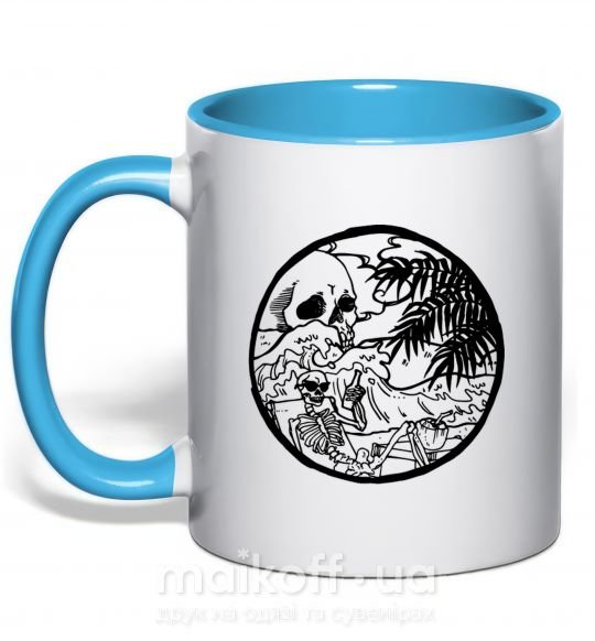 Чашка з кольоровою ручкою Скелет пляжник Блакитний фото