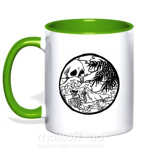 Чашка з кольоровою ручкою Скелет пляжник Зелений фото