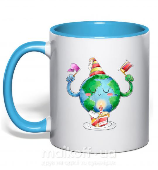 Чашка з кольоровою ручкою Happy Earth Day Блакитний фото