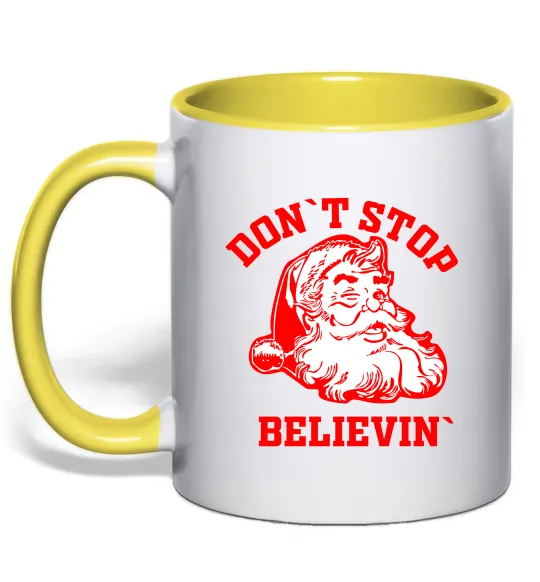 Чашка с цветной ручкой Don`t stop believin Лимонный фото