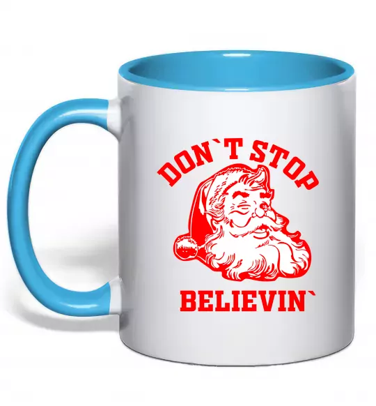 Чашка з кольоровою ручкою Don`t stop believin Блакитний фото