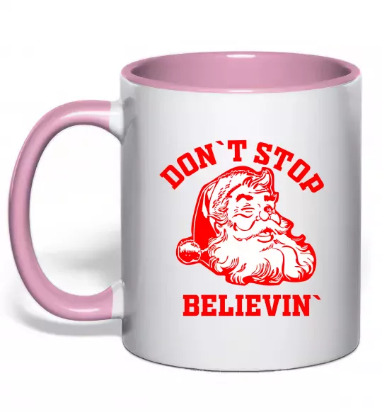 Чашка з кольоровою ручкою Don`t stop believin Ніжно рожевий фото