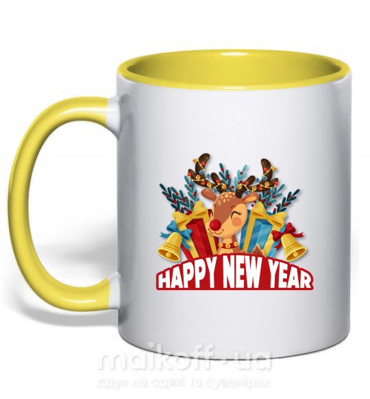 Чашка з кольоровою ручкою Happy new year little deer Сонячно жовтий фото