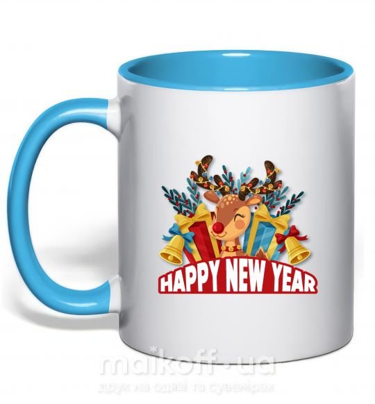 Чашка с цветной ручкой Happy new year little deer Голубой фото