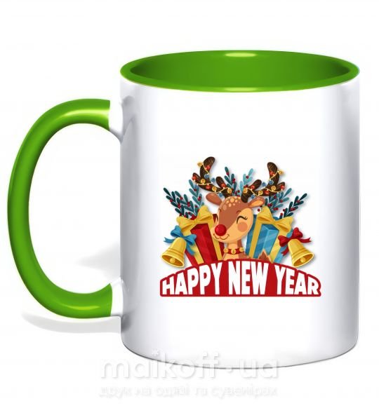 Чашка с цветной ручкой Happy new year little deer Зеленый фото