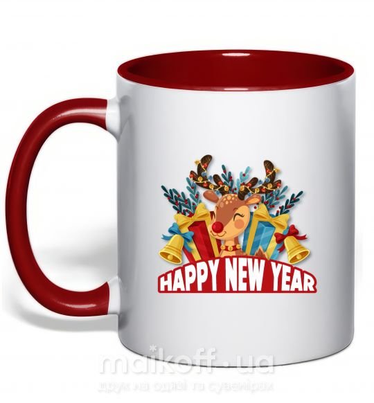 Чашка с цветной ручкой Happy new year little deer Красный фото