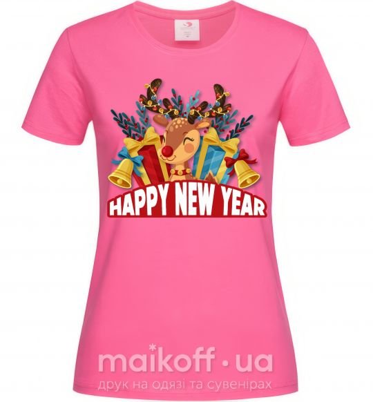 Жіноча футболка Happy new year little deer Яскраво-рожевий фото