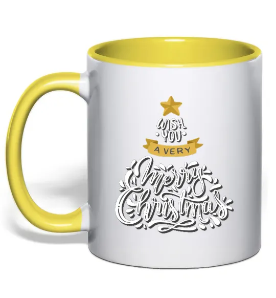 Чашка с цветной ручкой Wish you a very merry Christmas tree Лимонный фото