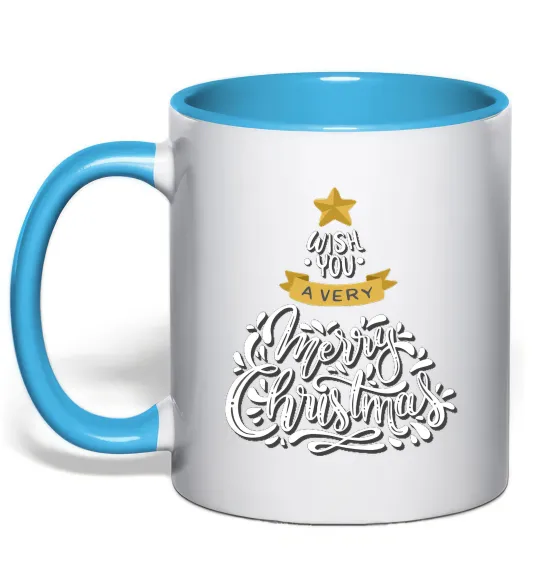 Чашка с цветной ручкой Wish you a very merry Christmas tree Голубой фото