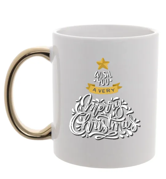 Чашка с цветной ручкой Wish you a very merry Christmas tree Золото фото