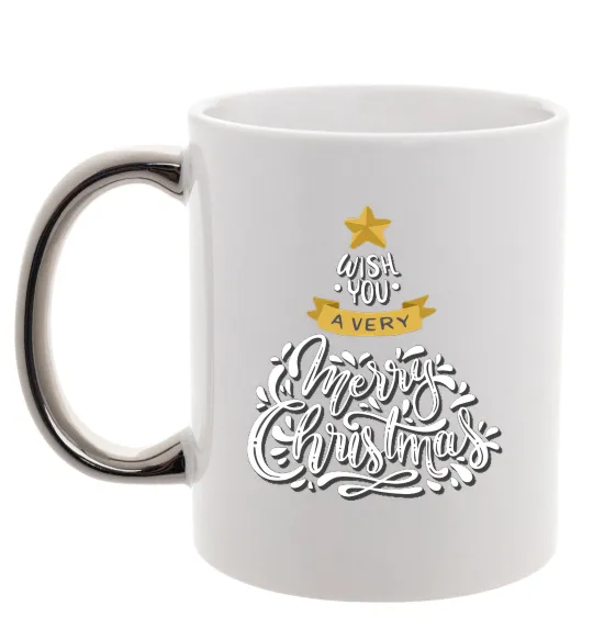 Чашка с цветной ручкой Wish you a very merry Christmas tree Серебро фото