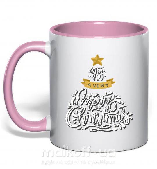 Чашка с цветной ручкой Wish you a very merry Christmas tree Нежно розовый фото