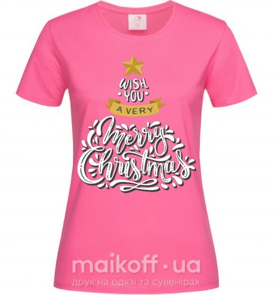 Жіноча футболка Wish you a very merry Christmas tree Яскраво-рожевий фото