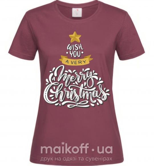Жіноча футболка Wish you a very merry Christmas tree Бордовий фото