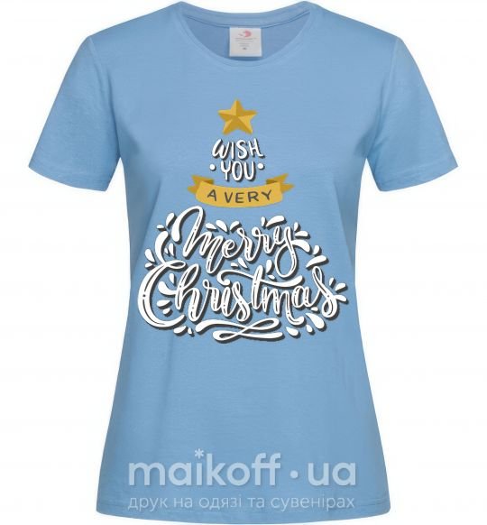 Женская футболка Wish you a very merry Christmas tree Голубой фото