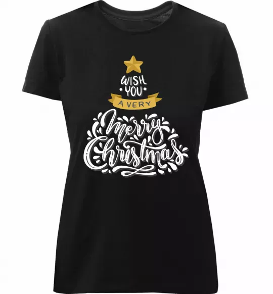 Женская премиум футболка Wish you a very merry Christmas tree Черный фото