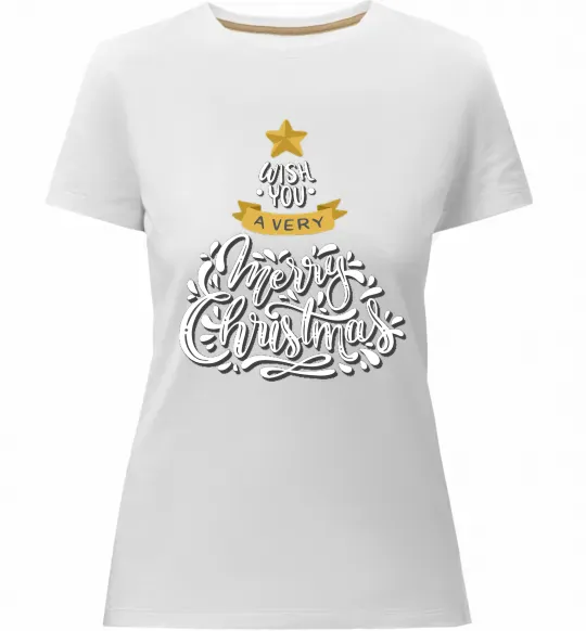 Женская премиум футболка Wish you a very merry Christmas tree Белый фото