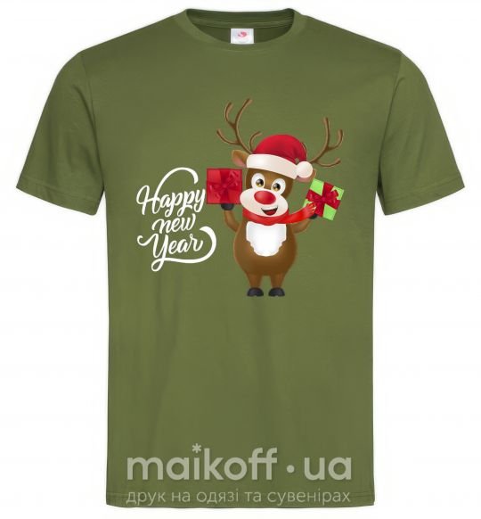 Чоловіча футболка Happe New Year deer in red hat Оливковий фото