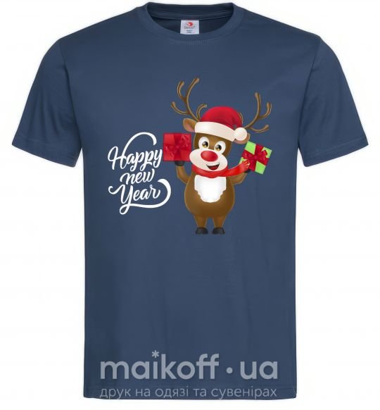 Мужская футболка Happe New Year deer in red hat Темно-синий фото